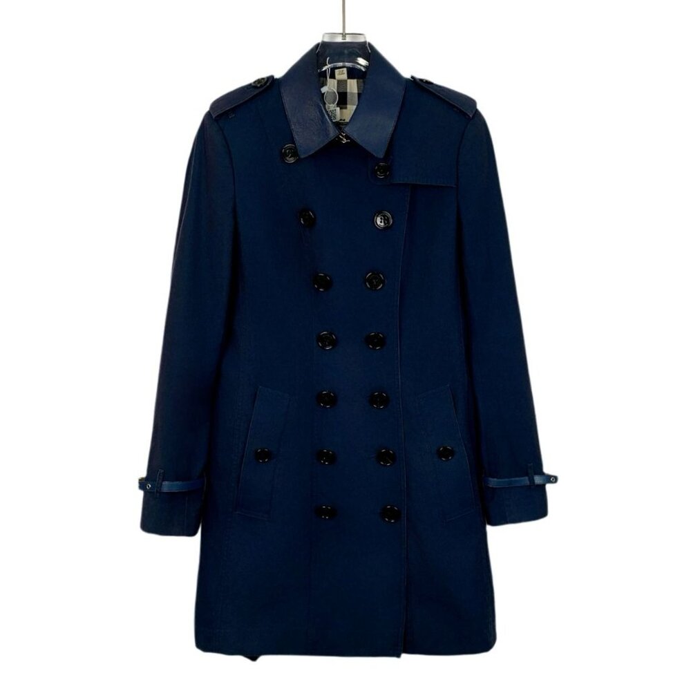 Burberry Deep Blue Cotton Double-Breasted Trench Coat W/ Leather Trim & Belt Med